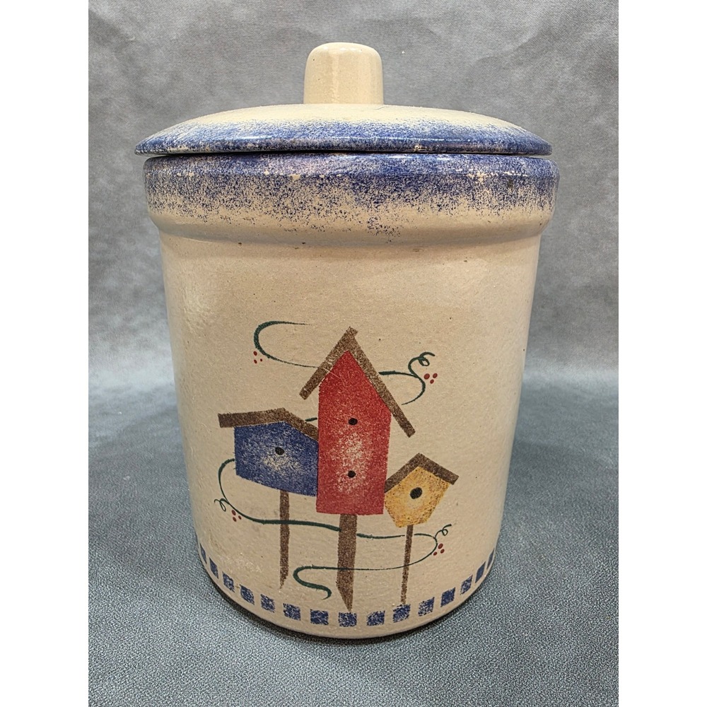 Vintage RRP Co Roseville Ohio 2 Qt Stoneware Crock Jar with Lid Blue Sponge Trim